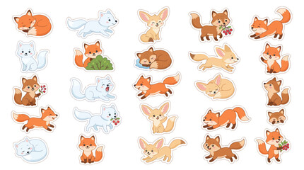 Fototapeta premium Cute Cartoon Foxes, Animals, Wildlife, Vector Illustrations, Stickers