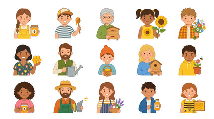 Fototapeta premium Happy Beekeeping Honey Production Flat Vector Avatars. Diverse People Gardening, Harvesting, and Caring for Bees and Flowers.