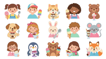 Obraz premium Happy Kids and Cute Animal Characters Enjoying Ice Cream, Popsicles, and Desserts Flat Illustration Set