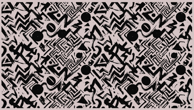 Seamless abstract african tribal pattern with geometric black shapes zigzag lines and ethnic hand drawn symbols on beige background vector illustration