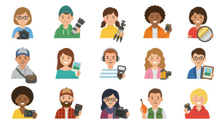 Fototapeta premium Flat Style Diverse People Photographers with Cameras and Equipment