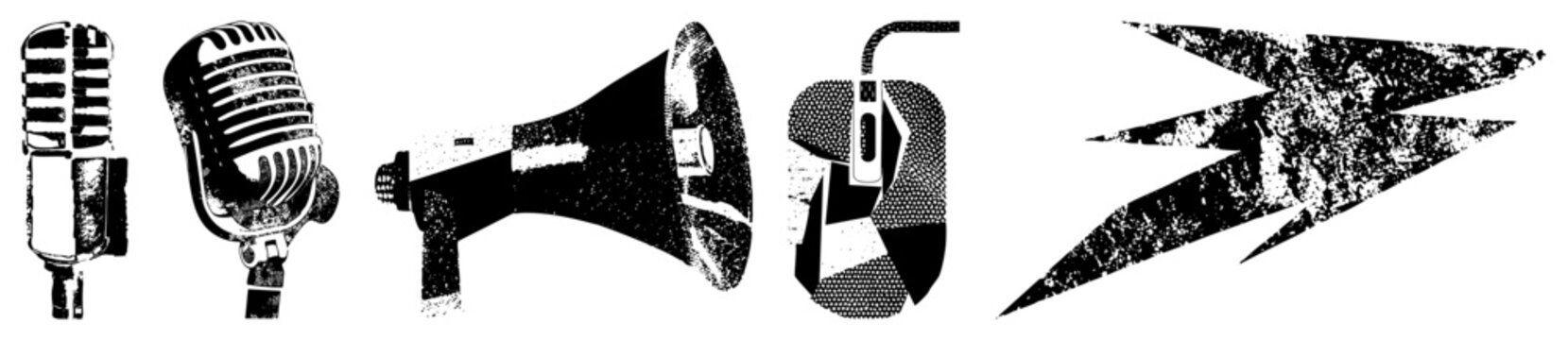 This gritty collection includes a classic radio mic, a loud bullhorn, and a computer mouse. These textured elements feature a heavy halftone stencil style perfect for edgy designs.