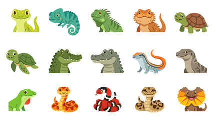 Obraz premium Cute Cartoon Reptiles and Amphibians Collection. Flat Vector Set of Lizards, Snakes, Turtles, Crocodiles, and Frogs for Kids.