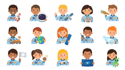 Fototapeta premium Diverse Kids Astronauts Flat Illustration Set with Space Objects for Science Education and Exploration