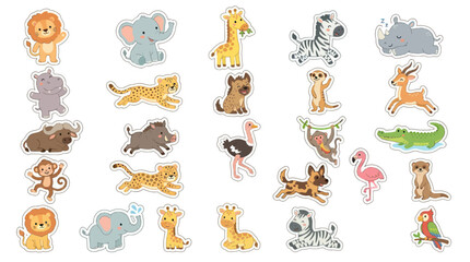 Obraz premium Cute Cartoon African Safari Animals Vector Stickers Set. Adorable Wildlife Character Collection for Children.