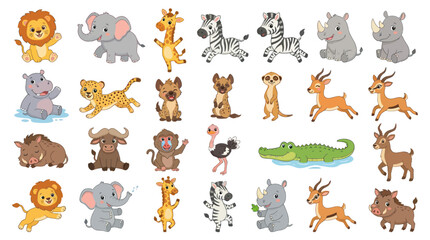 Obraz premium Cute Cartoon African Safari Animals Set. Adorable Wild Wildlife Characters for Kids Vector Collection