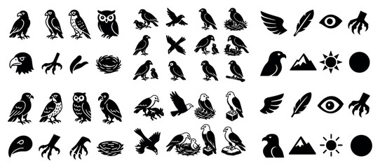 Fototapeta premium Bird icons with owl eagle nest silhouette