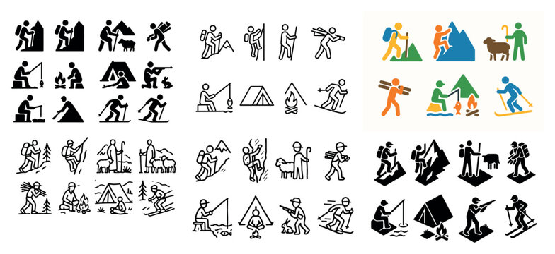Outdoor icons with hiking tent campfire mountain flat