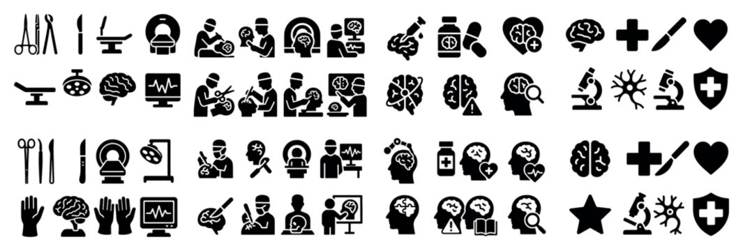 Medical icons with brain surgeon tools minimal