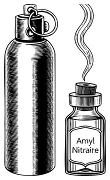 Detailed engraving of a spray canister and an amyl nitraite vial, also known as a popper or sniffing bottle. This etched apothecary set features intricate work and hatching.