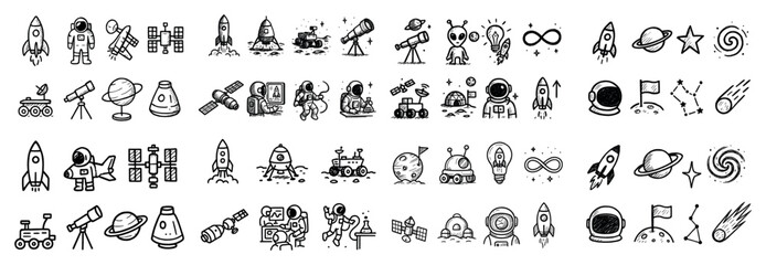 Naklejka premium Space icons with rocket astronaut satellite outline