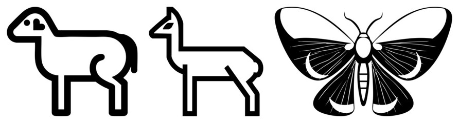 Obraz premium This set features a stylized ewe, a graceful pack animal known as a llama, and a detailed moth silhouette. These drawings use clean black strokes on a transparent background.