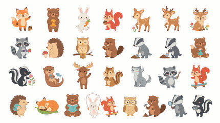Fototapeta premium Cute Cartoon Woodland Forest Animals Vector Stickers Set for Children's Nature Education and Wildlife Design