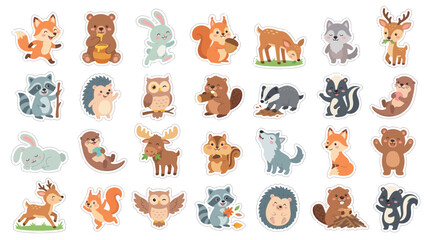 Fototapeta premium Cute Woodland Animals Vector Icons - Forest Fauna Flat Style Stickers