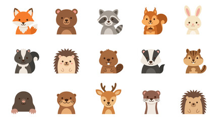 Naklejka premium Flat Style Cute Woodland Animals Vector Icons - Fox, Bear, Rabbit, Squirrel