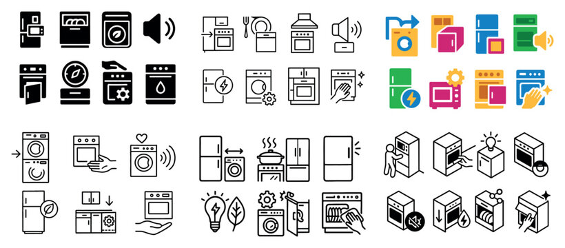 Home appliance icons with washer fridge oven colorful
