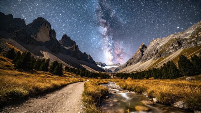 Majestic mountain valley under a star-filled night sky with a winding path