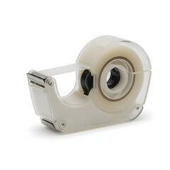 Naklejka premium Clear adhesive tape dispenser with roll of transparent sticky tape isolated on white background office supply for wrapping and crafting needs.