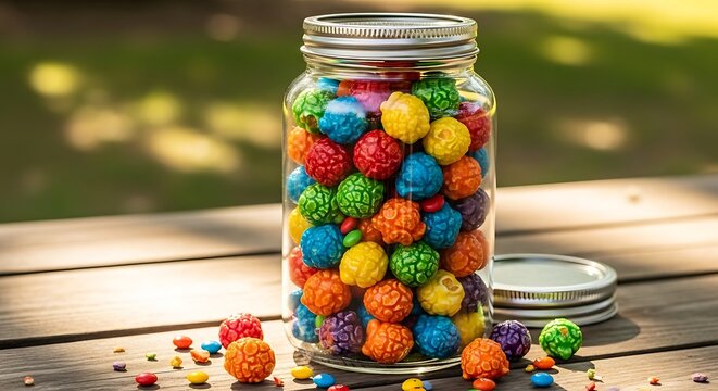 Colorful candy balls in a glass jar on a wooden table outdoors
