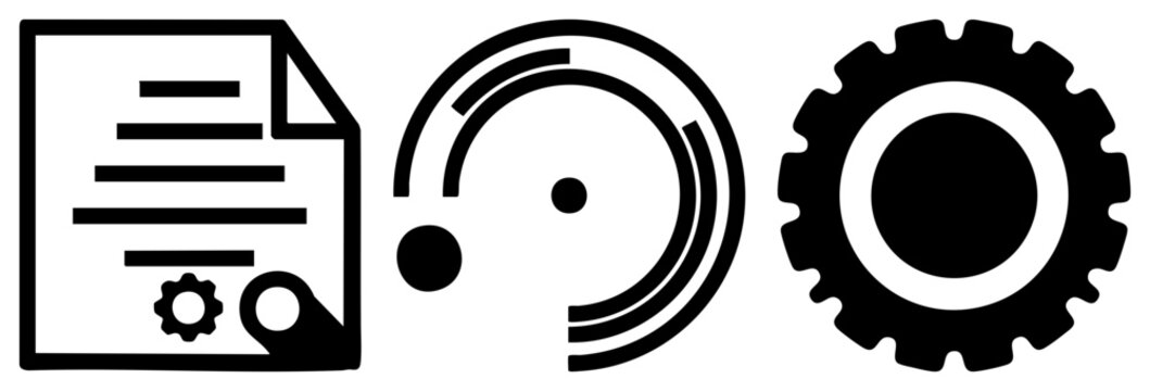 Clean set featuring a technical blueprint sheet, a mechanical cog, and a circular gauge or dial. These schematic symbols, including the cogwheel and paper sheet, represent process and engineering.