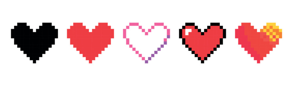 Pixel Hearts Retro Vector Icons Set on White Background. Isolated Pixel Art 8-bit Flat Buttons Design in Color for Web. 