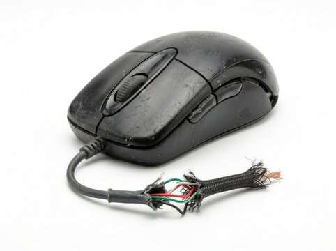 Damaged computer mouse with exposed wires.