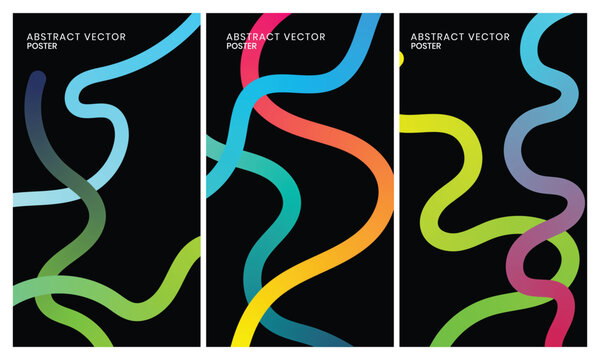 Vertical Abstract Gradient Line Art Vector Poster Triptych Design