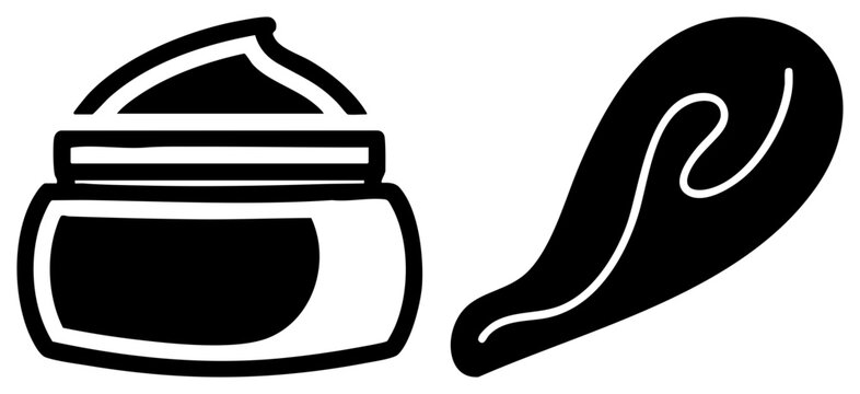 Clean stencil style depiction of a beauty pot and face cream, featuring a thick moisturizer glob and a facial salve container. This skincare set uses bold for a modern look.
