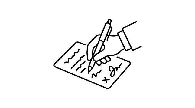 Hand signing a legal document with a pen, iconic representation of agreement and contracts