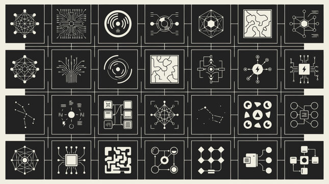 Abstract Technology Circuit Board and Data Network Vector Icon Set for Digital Infrastructure, Software Development & Cyber Security (EPS)