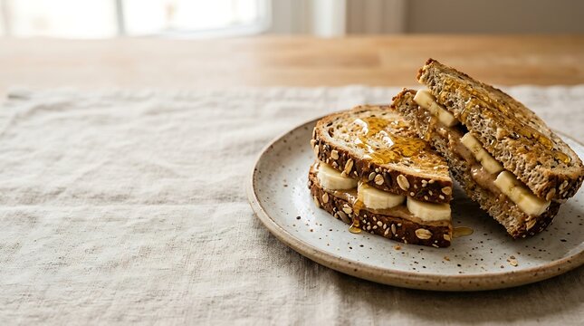 Peanut butter and banana toast with honey on multigrain bread