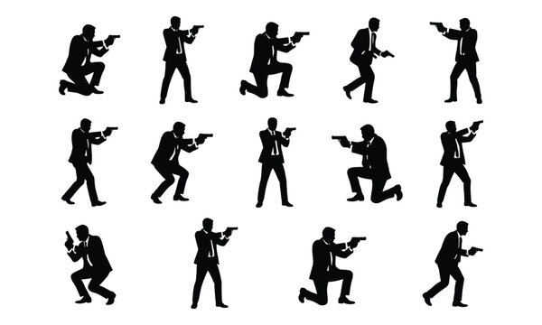 Secret agent silhouettes in suits aiming handguns collection