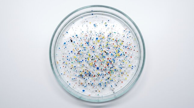 Microplastic particles floating in a petri dish. Environmental pollution research. Contaminated water sample with colorful small plastic beads. Scientific analysis of ecology and ocean waste.