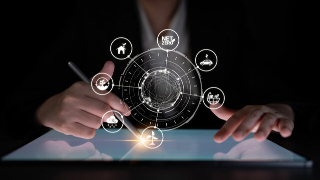 Net zero and sustainability concepts with environmental balance, digital sustainability icons, green energy goals, and eco-conscious digital business transformation for the future. Entice