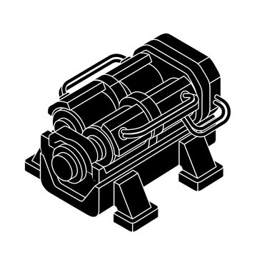Isometric industrial pump icon, black and white vector illustration for engineering and manufacturing designs.
