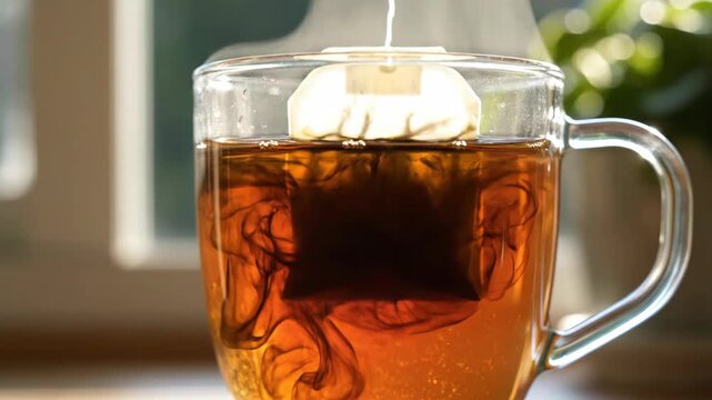 Steeping Tea Bag in Clear Glass Mug with Dark Swirls Diffusing in Soft Sunlight