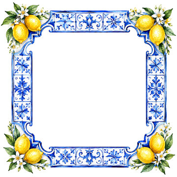 Isolated square frame made of hand-painted blue ceramic tile borders with lemons, leaves and blossoms in the corners for Mediterranean labels and previews