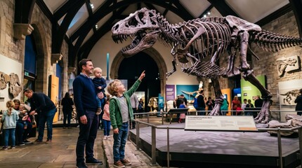 Naklejka premium Child pointing at dinosaur fossil with family in museum under massive prehistoric skeleton