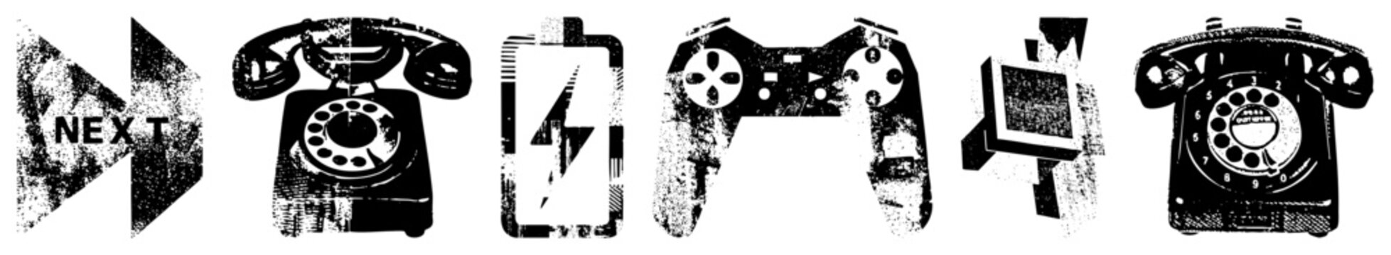Vintage electronics featuring an old school rotary phone, game pad, and battery. These distressed pieces, including a classic and controller, show heavy halftone textures.