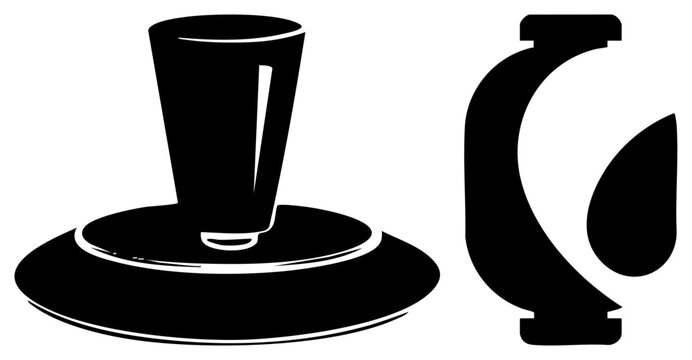 Stark black shot glass, often called a schnapps cup or a little nip, stands beside a single teardrop shaped liquid drop. This graphic features clean and solid shapes.