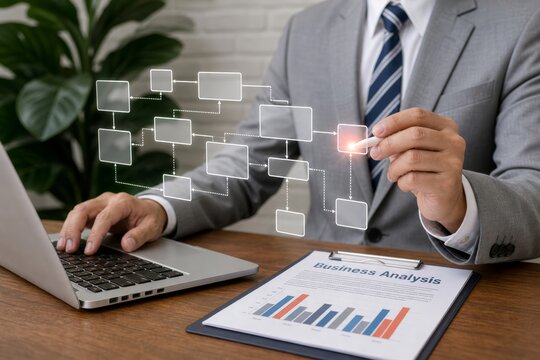 Person uses a laptop and stylus to create a complex flowchart on a holographic interface, demonstrating business process mapping and strategy.