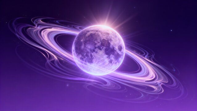 Moon with glowing rings in space