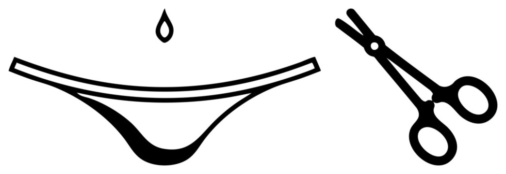 Simple black stencil featuring a pair of panties, also known as knickers or undies, placed next to sharp medical shears. This clean captures a clinical yet personal aesthetic.