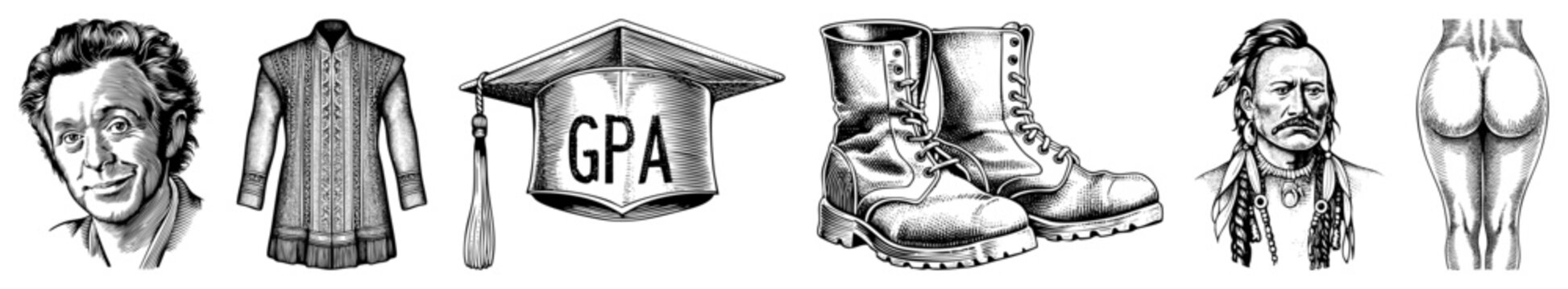 Woodcut style illustrations featuring a wise old man, a scholar cap, rugged work boots, and a native chieftain. These fine etchings capture elements from academic life to traditional attire.