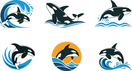 Orca Whale Collection with Ocean Waves, Marine Wildlife Vector Illustration Set © MdSayed