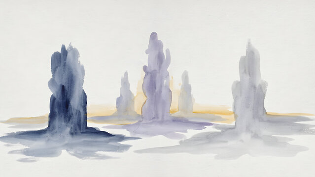 Abstract watercolor landscape background with dark blue and purple rock formations