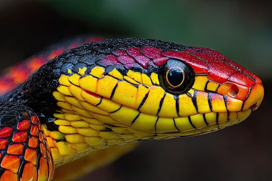 Vibrant Coral Snake With Striking Crimson and Yellow Markings, Close-up Portrait