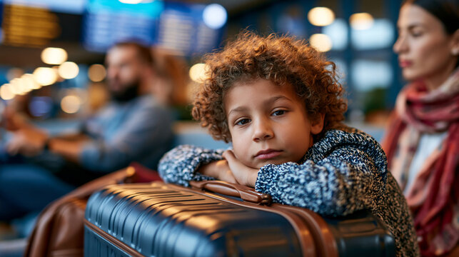 Tired family waiting at an airport gate with delayed flight, child leaning on luggage while parents check the departure board in realistic travel fatigue