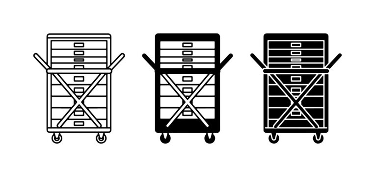 Tool Chest Carts, Three Styles: Outline, Solid Black, and Silhouette Vector Icons for Mechanics and Workshops