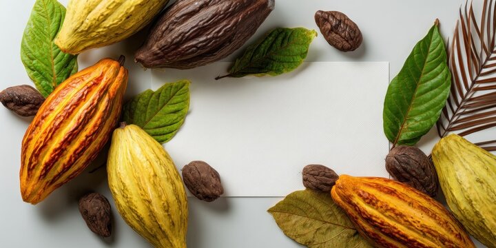 Fresh cocoa pods and beans arrangement with blank paper overhead view